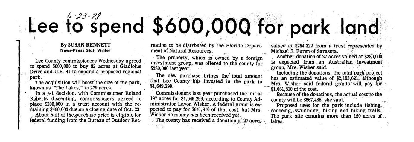 A newspaper article about lee to spend $ 600,000 for park land