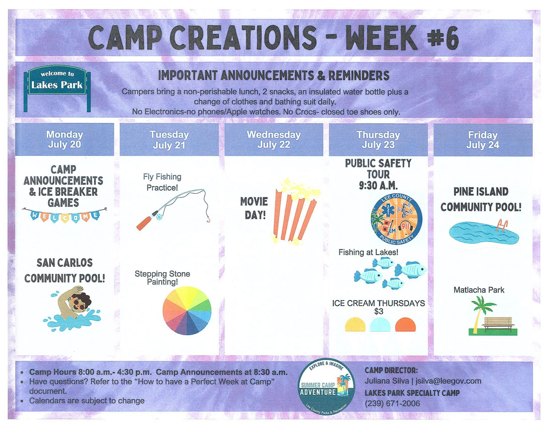 Camp Creations Week 6 schedule with daily activities and reminders on a purple poster