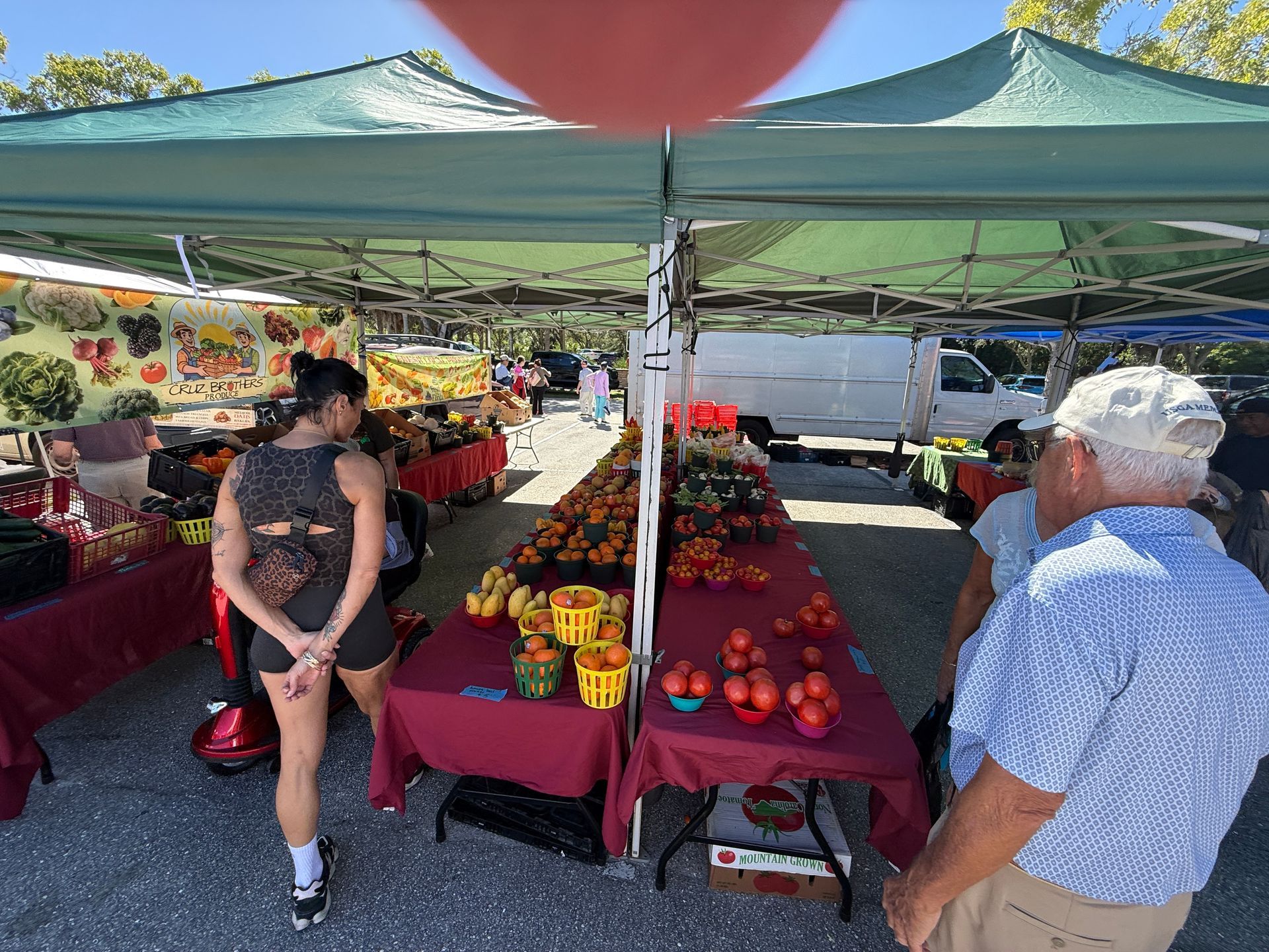 Open-air market stall with red tables, fresh produce, and two people under green canopy tents