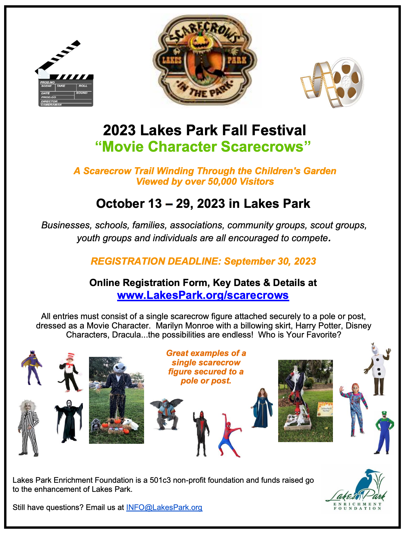 A poster for the 2023 lakes park fall festival movie character scarecrows.