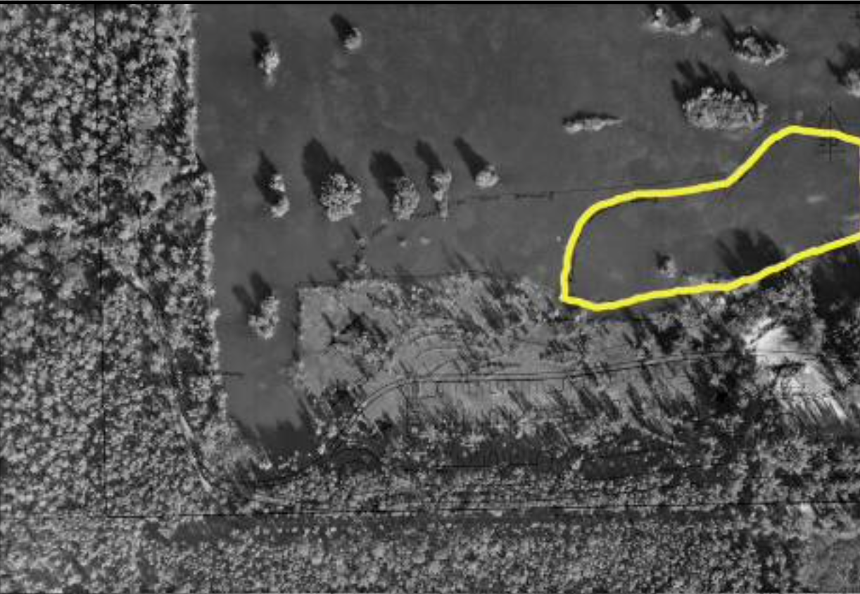A black and white photo of a field with a yellow line