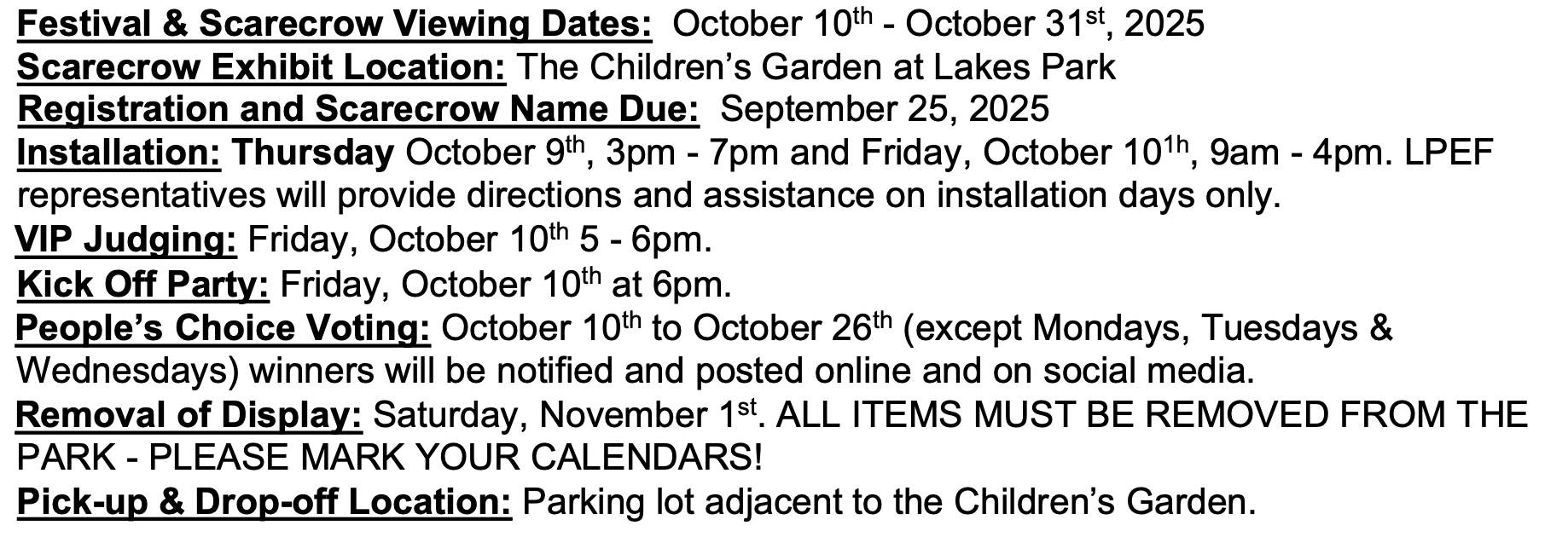 Festival and Scarecrow event information, including dates, location, and deadlines for 2025.