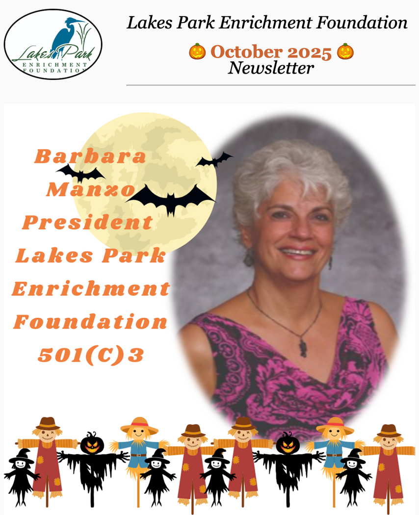 Newsletter cover featuring Barbara Manzo, President, Lakes Park Enrichment Foundation. Halloween theme.