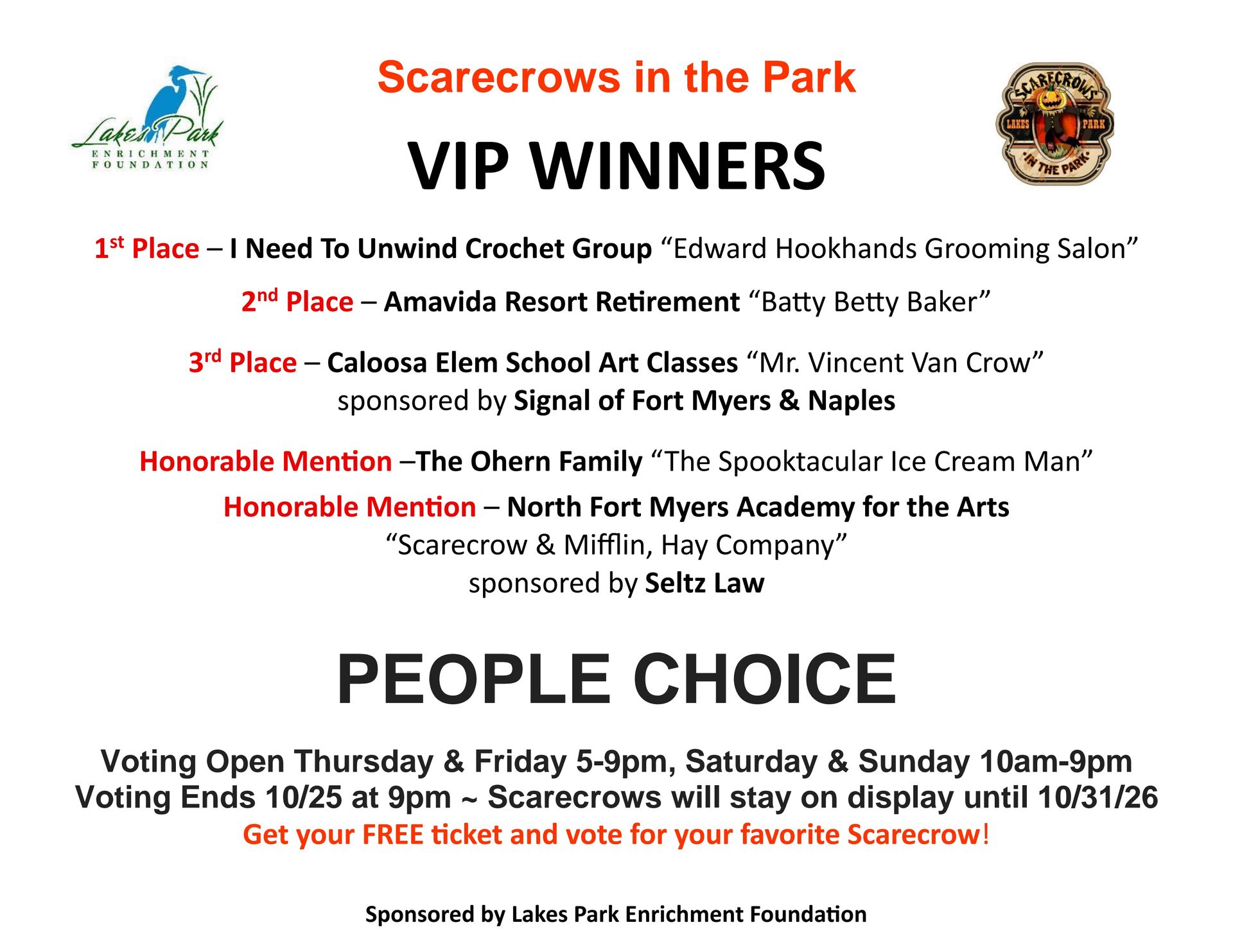 Scarecrows in the Park VIP winners flyer with contest prizes, voting dates, and sponsor logos