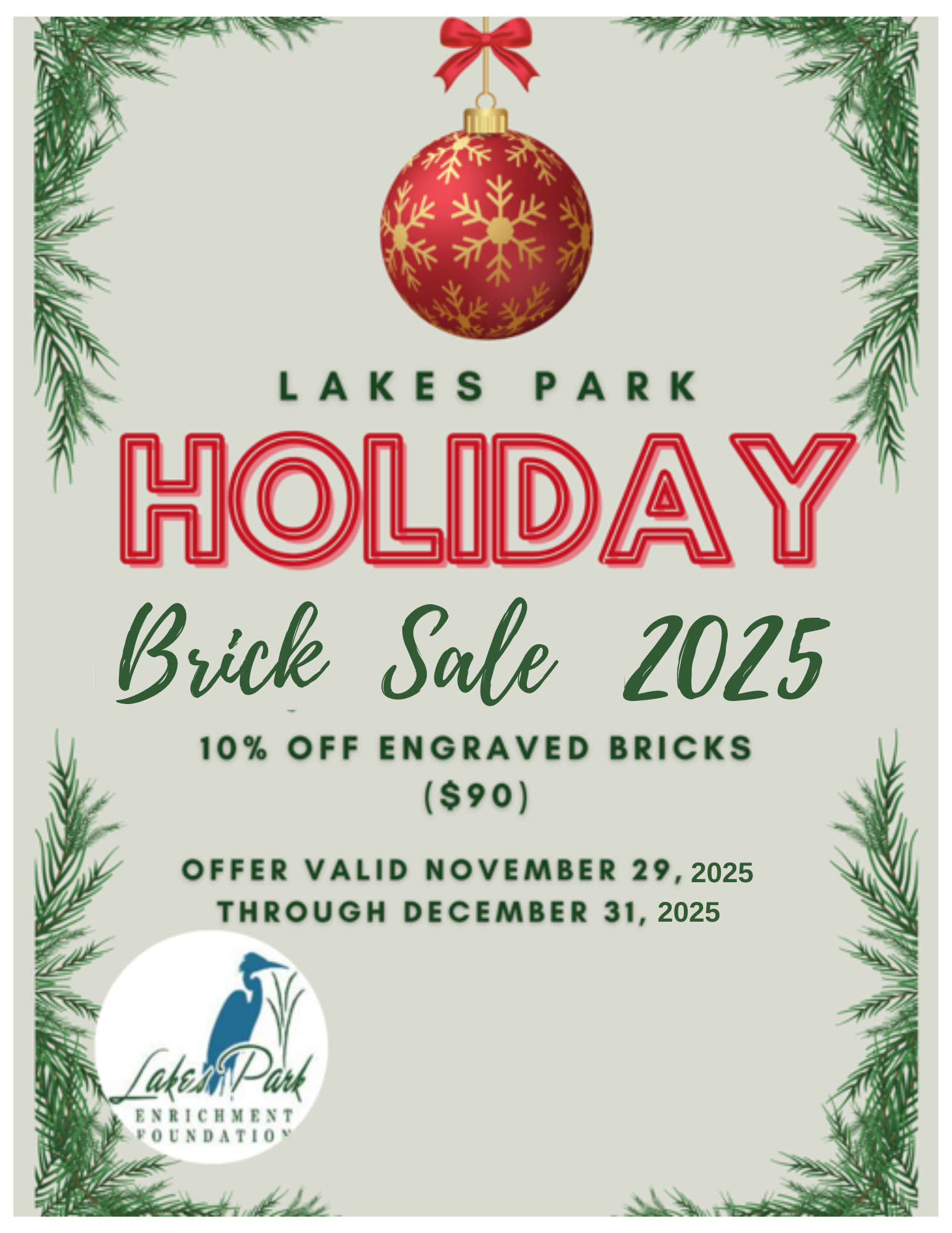 Lakes Park Holiday Brick Sale advertisement. 10% off engraved bricks ($90).