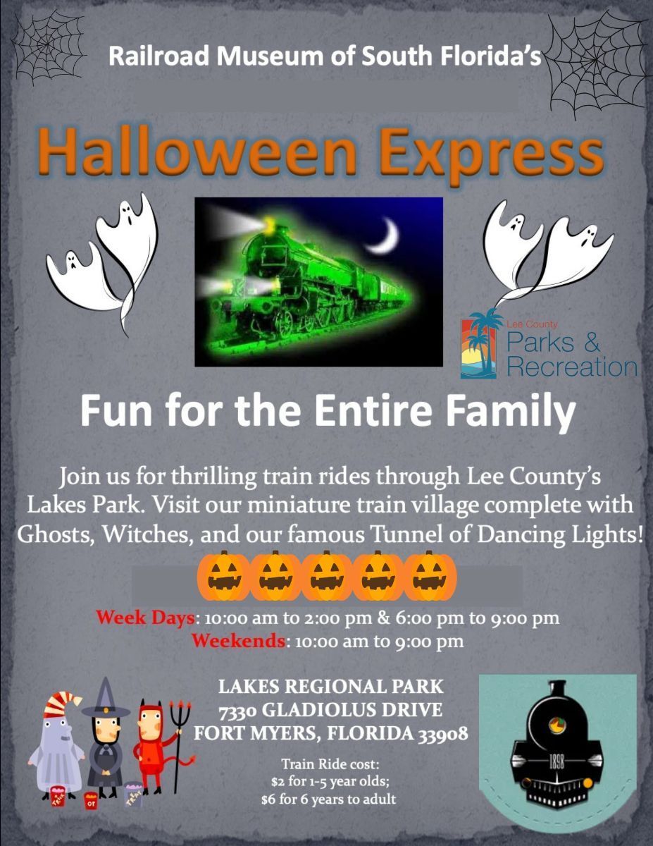 Poster for Railroad Museum of South Florida's Halloween Express train rides, ghosts, witches, and tunnel of lights.