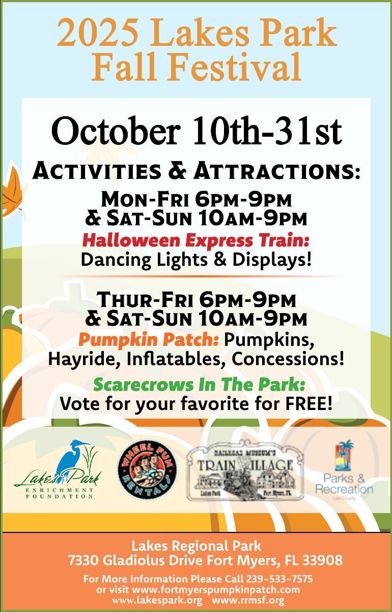 2025 Lakes Park Fall Festival flyer. Activities include a train, a pumpkin patch, a hayride, and a scarecrow contest.