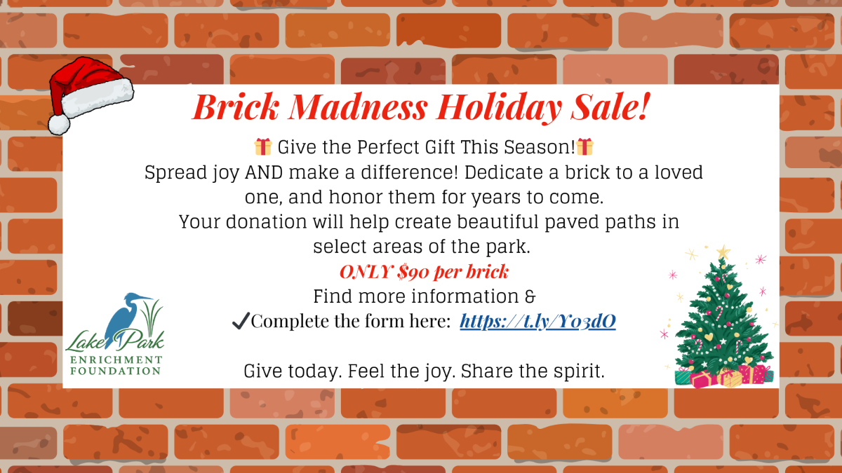 Holiday sale banner for brick donations: A brick wall background with text and logos,