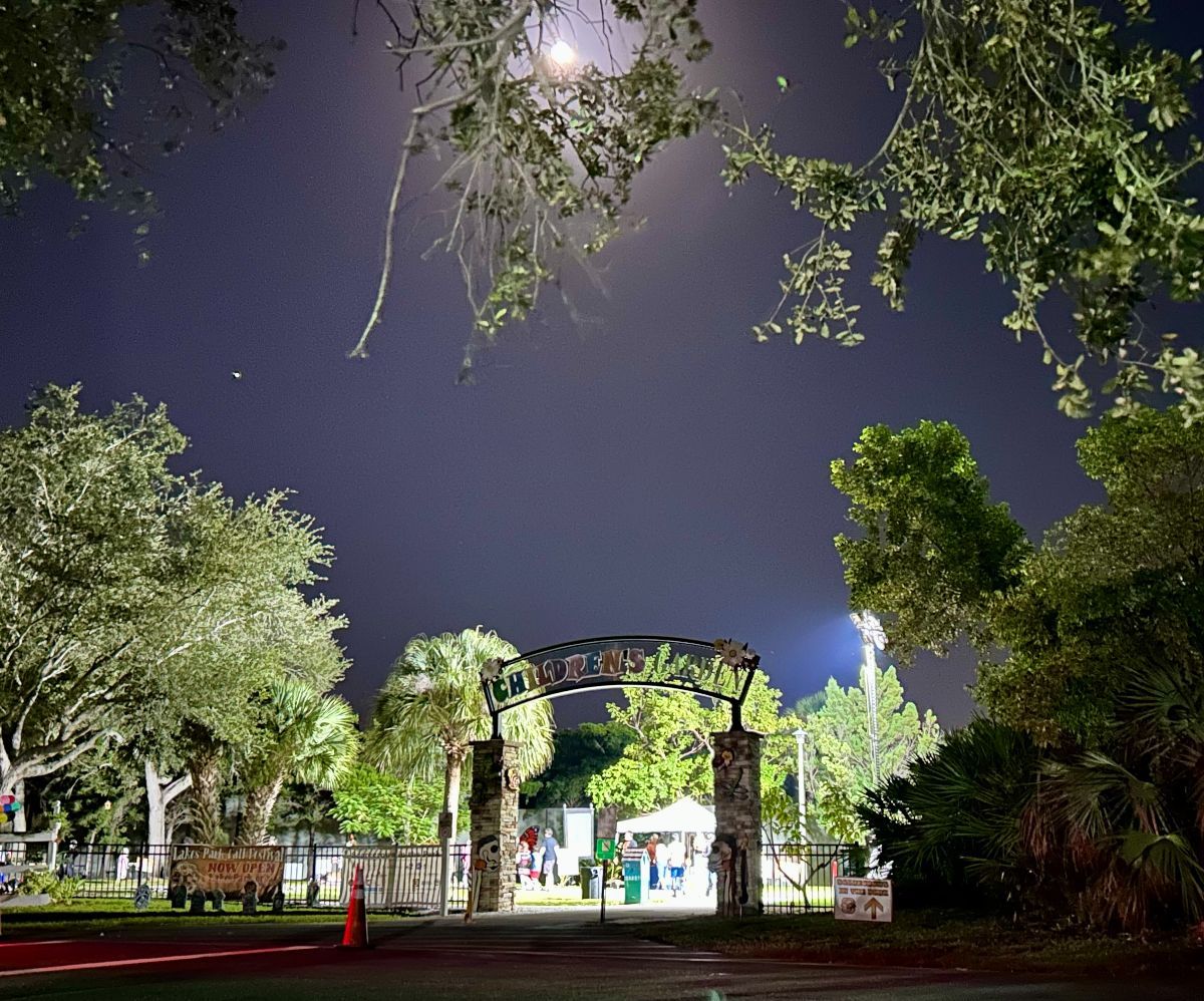Nighttime view of park entrance under a moonlit sky framed by trees.