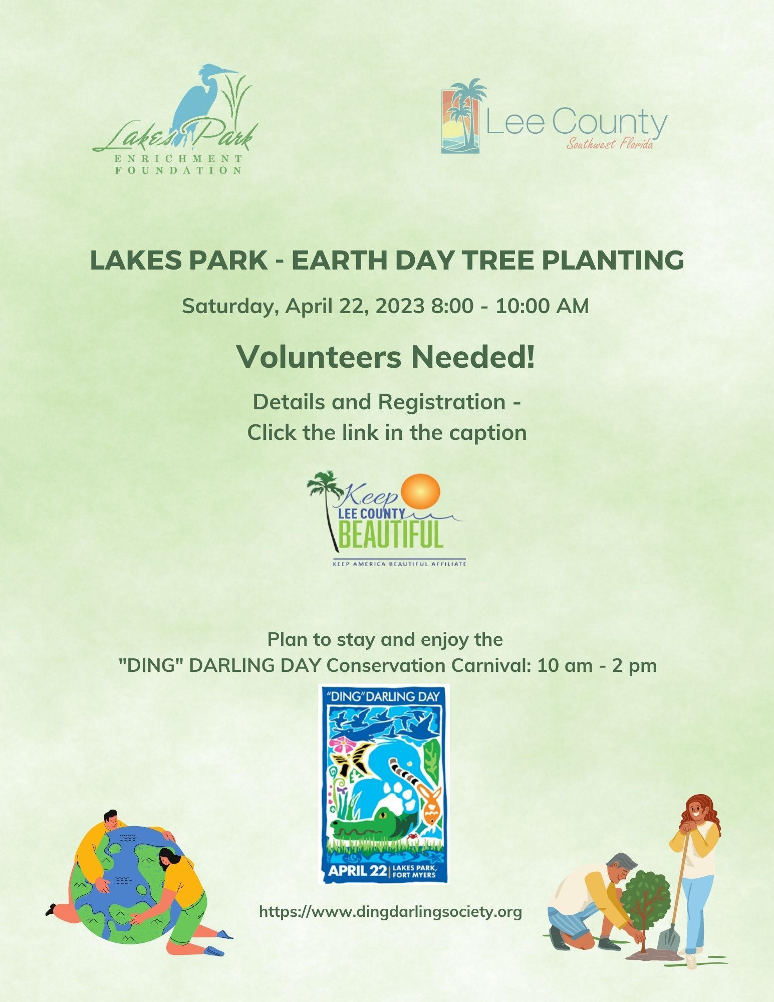 A flyer for lakes park - earth day tree planting volunteers needed.