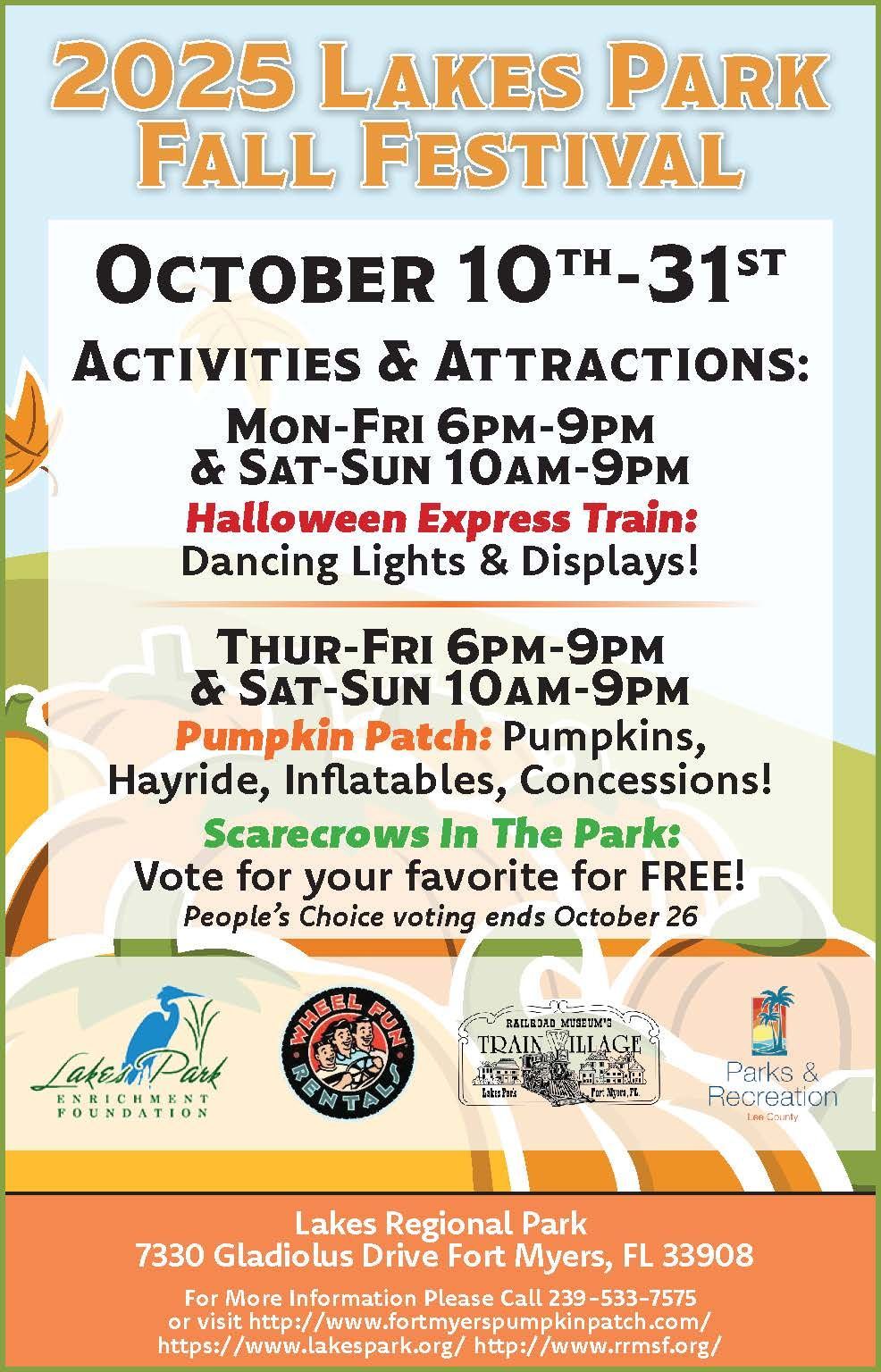 Poster for Lakes Park Fall Festival, October 10-31, featuring activities: trains, lights, pumpkin patch, and scarecrows.