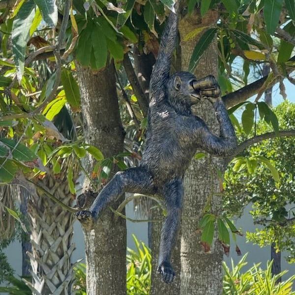 Statue of a monkey hanging from a tree, holding an object to its mouth.