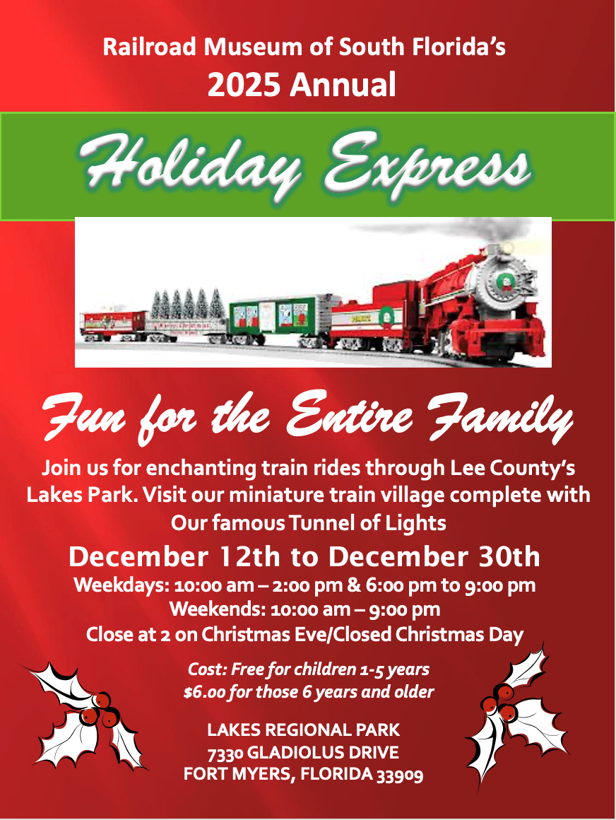 Poster for Railroad Museum's Holiday Express: train rides at Lakes Park, December 12-30.