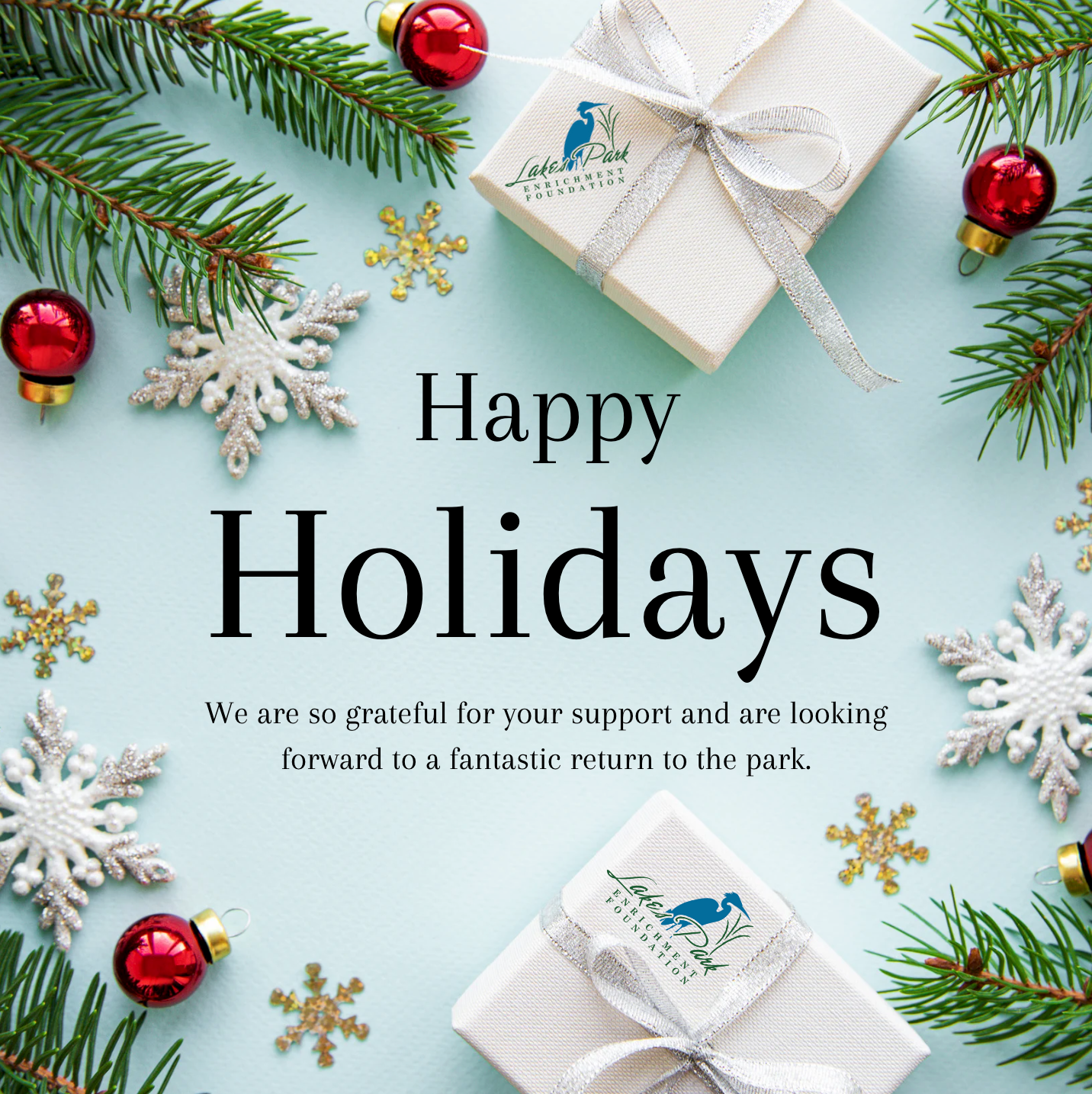 A happy holidays card with christmas decorations and gifts