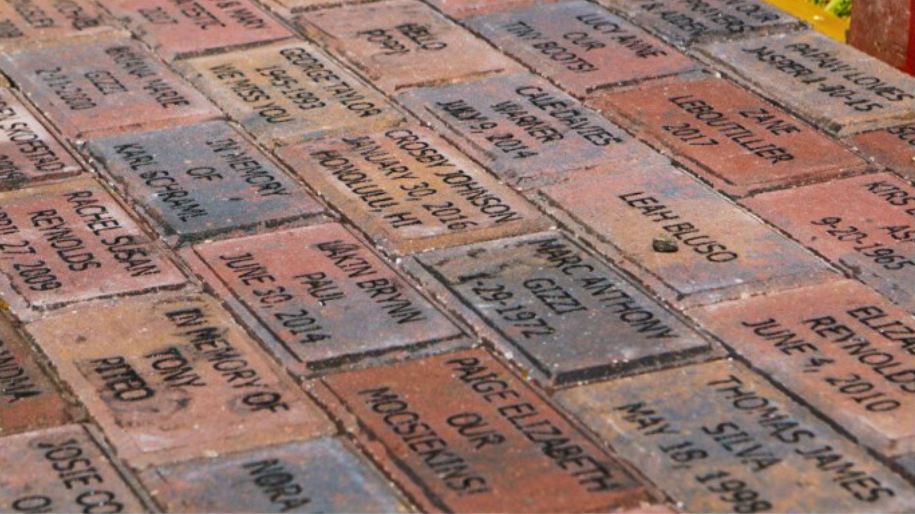 A row of bricks with names and dates on them