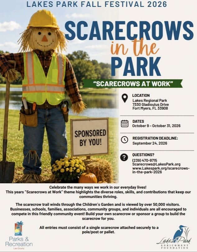 Lakes Park Fall Festival 2026 poster with a scarecrow in a park and the title “Scarecrows in the Park”