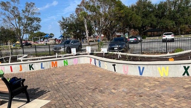 A brick wall with the letters of the alphabet painted on it.