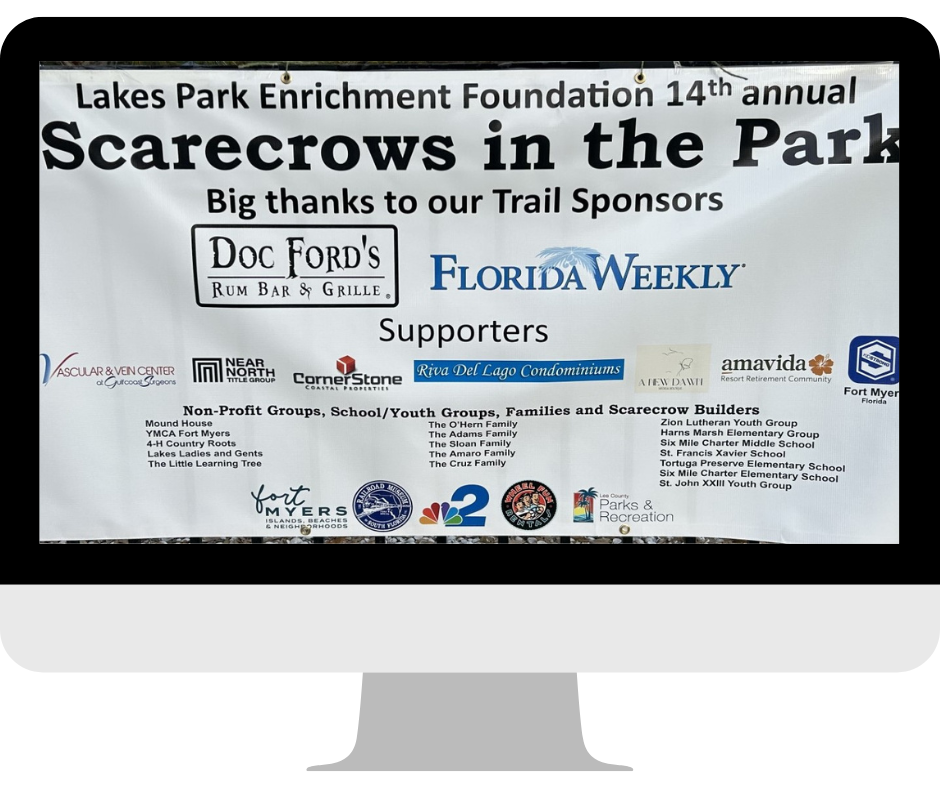 A computer monitor with a banner on it that says lakes park enrichment foundation 14th annual scarecrows in the park