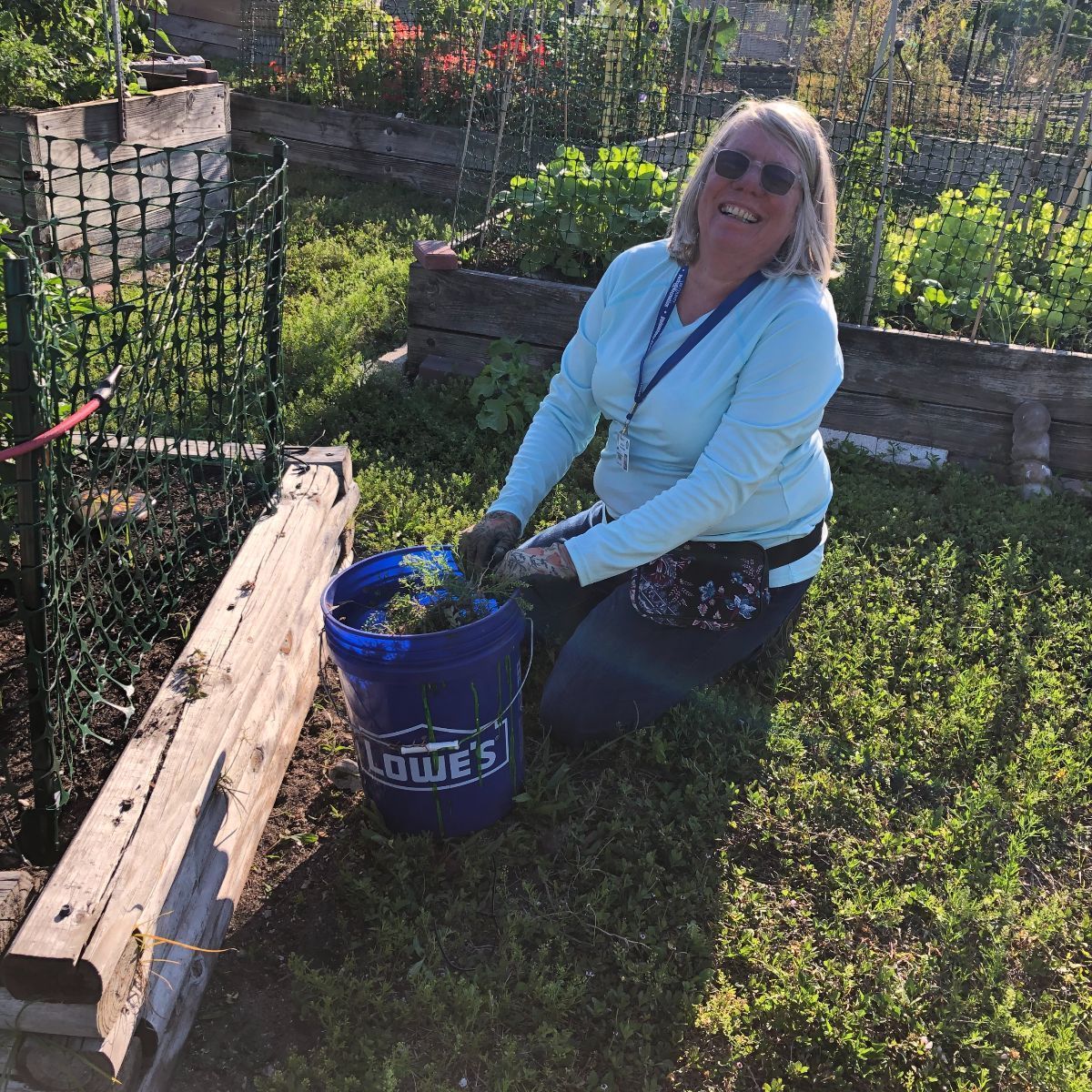 A woman is kneeling down in a garden with a blue bucket that says lowe 's on it.