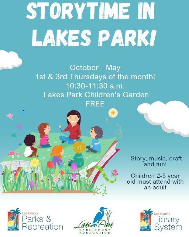 An advertisement for storytime in lakes park