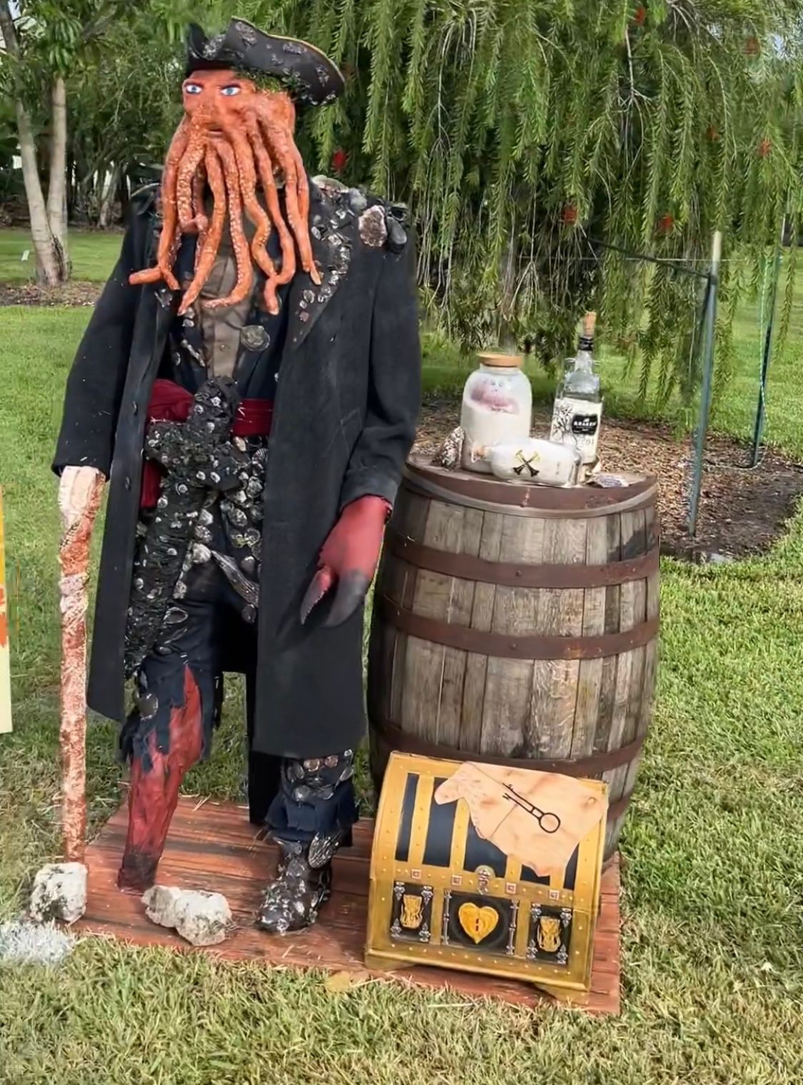 A scarecrow dressed as a pirate is standing next to a barrel.