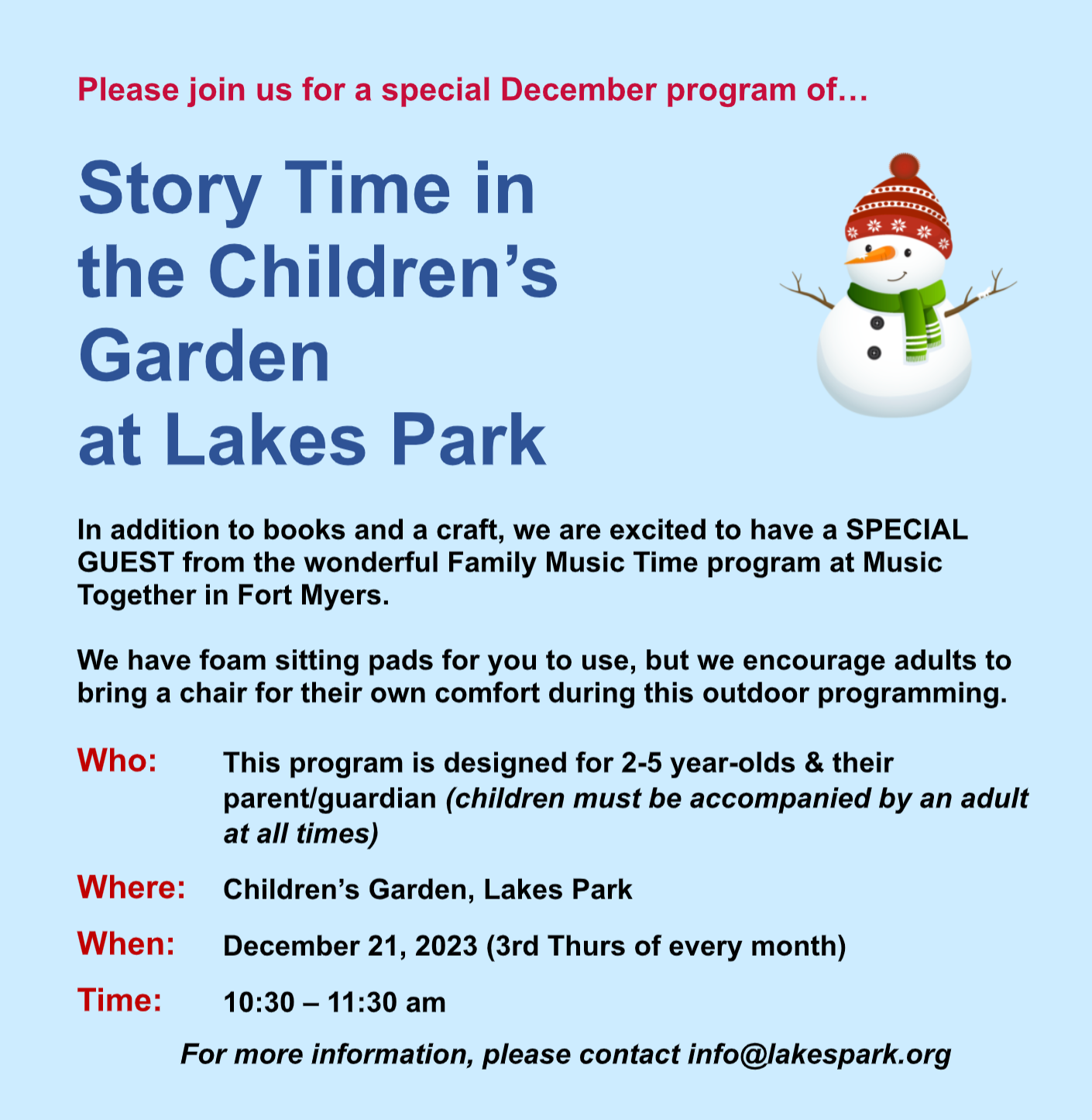An advertisement for story time in the children 's garden at lakes park