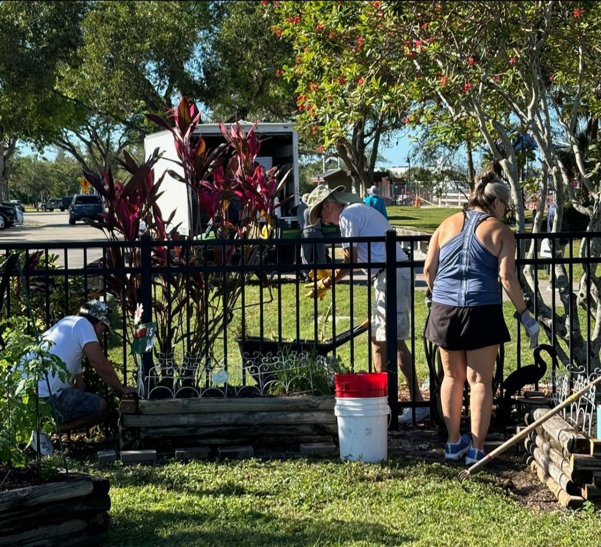 A group of people are working in a garden behind a fence.