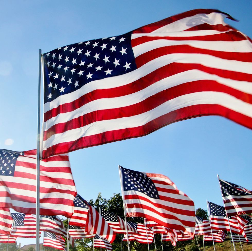 A bunch of american flags are waving in the wind