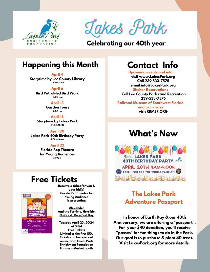 A flyer for lakes park celebrating our 40th year