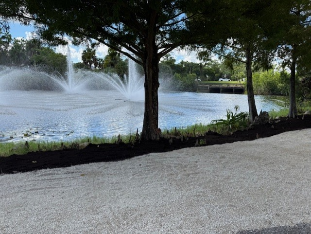 Pond with fountains, trees, and path. Blue water, white spray, dark mulch, and light gravel path.