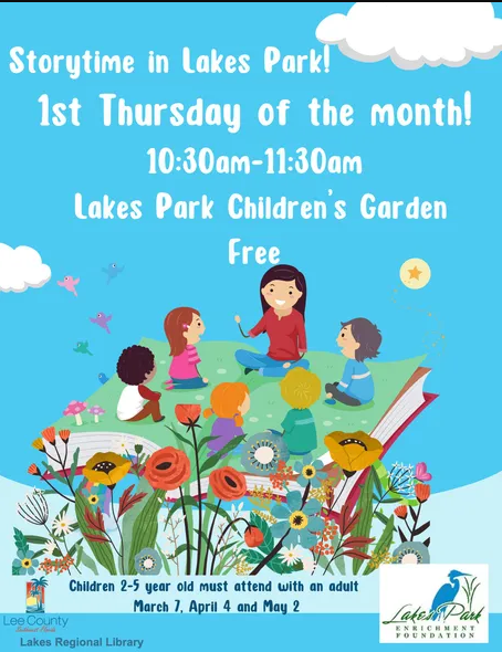 An advertisement for storytime in lakes park