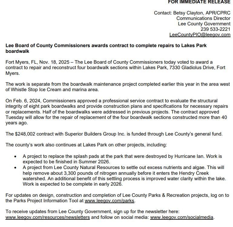 Press release about Lee County Commissioners awarding a contract to repair boardwalk sections at Lakes Park.
