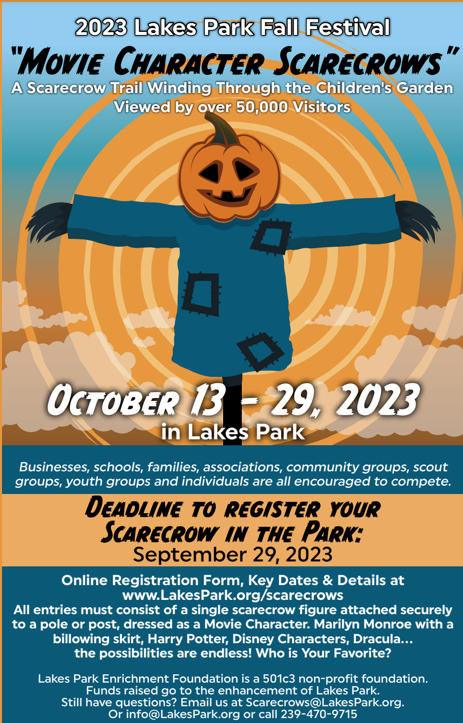A poster for a movie character scarecrow festival in lakes park