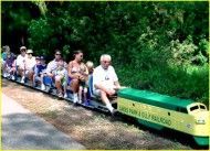 A group of people are riding a train on a track.