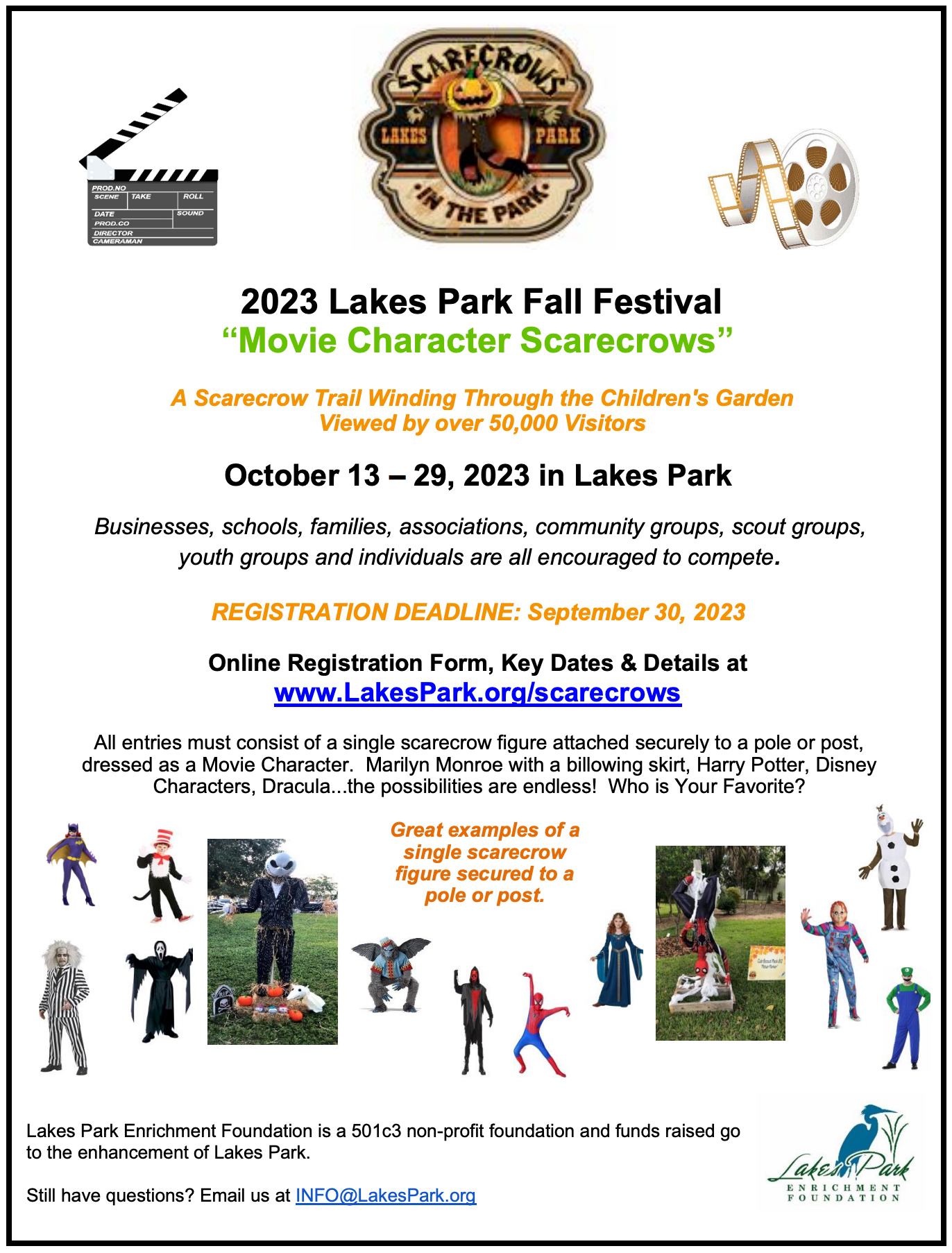 A poster for the 2023 lakes park fall festival movie character scarecrows.