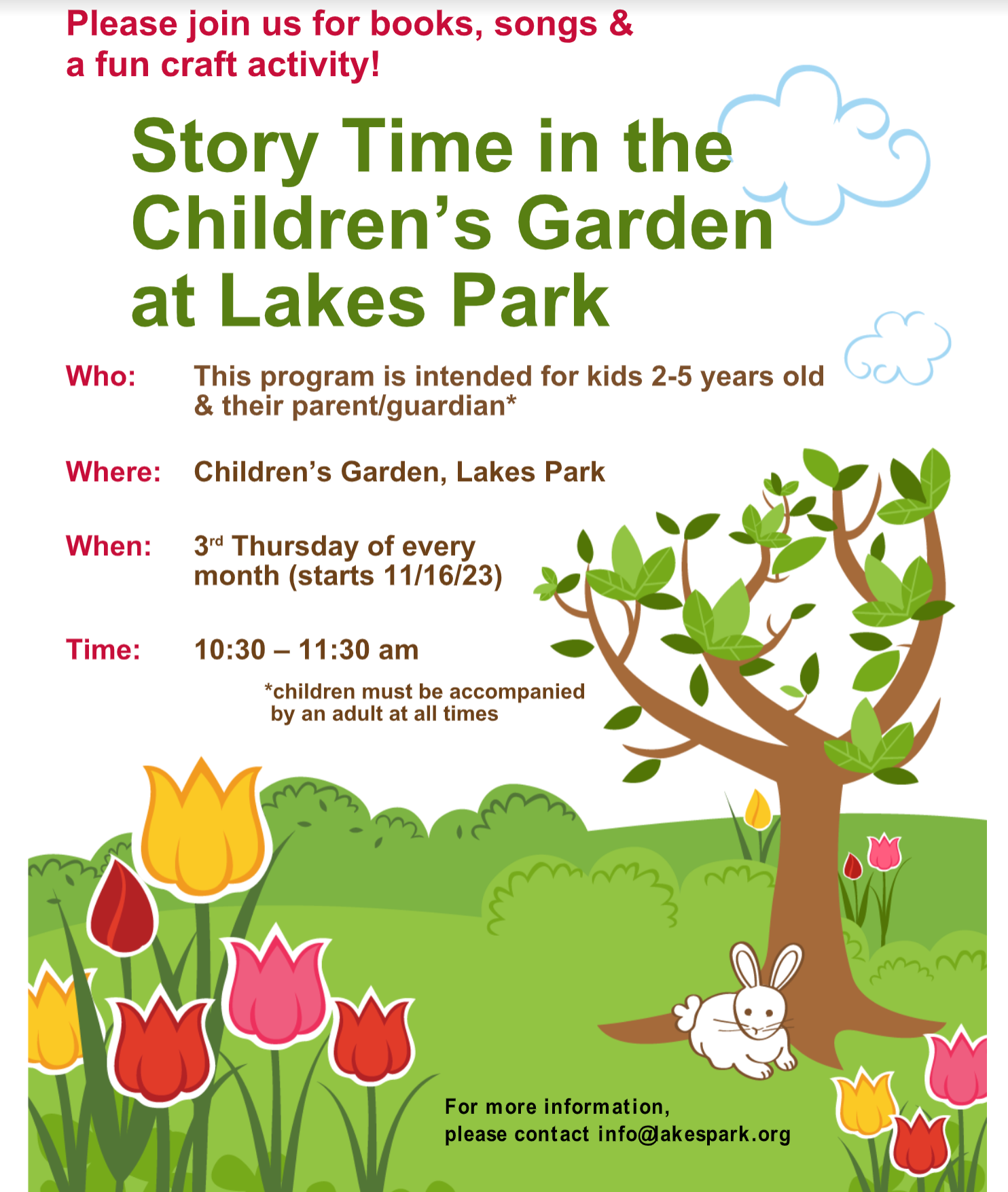 A poster for story time in the children 's garden at lakes park