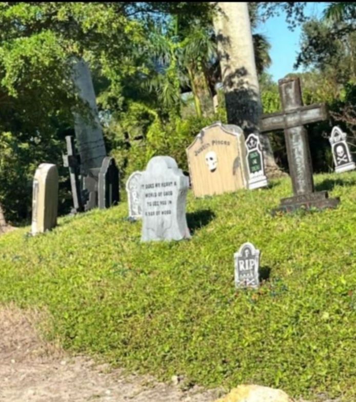 Graveyard scene with various tombstones on a grassy hill; trees in the background.