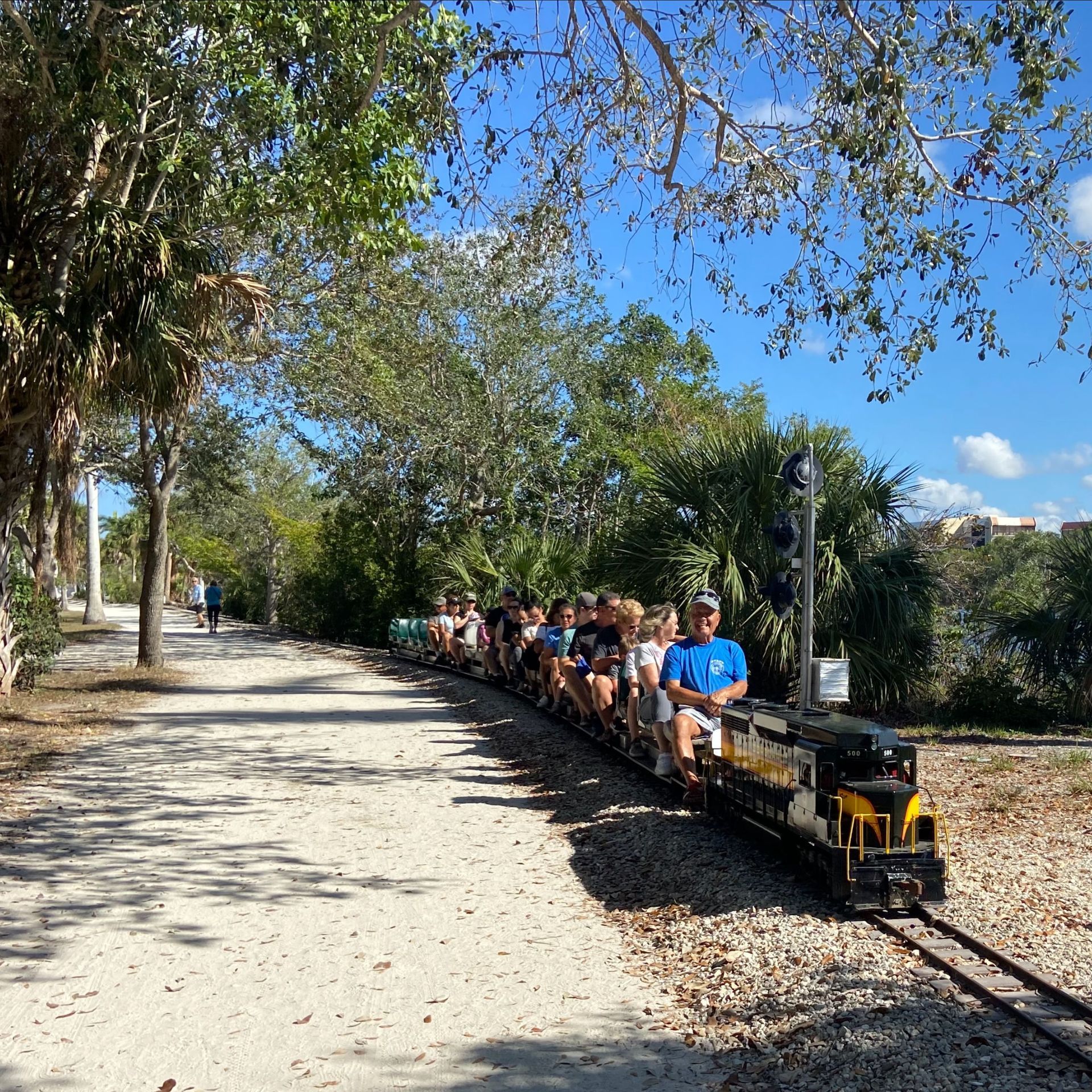 A group of people are riding a train down a dirt road