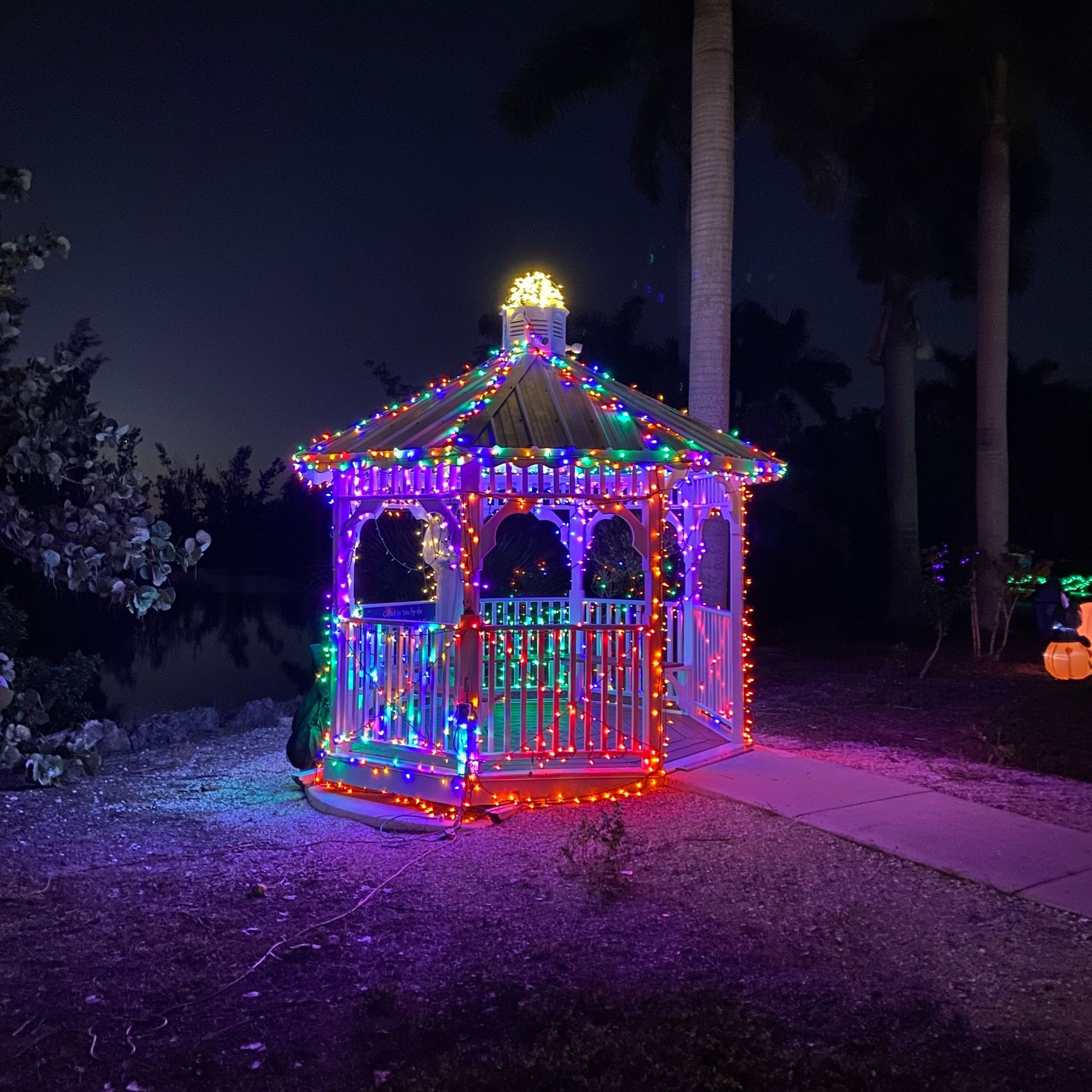 A gazebo decorated with christmas lights is lit up at night.