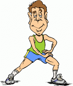Cartoon of a man in athletic wear stretching his leg.