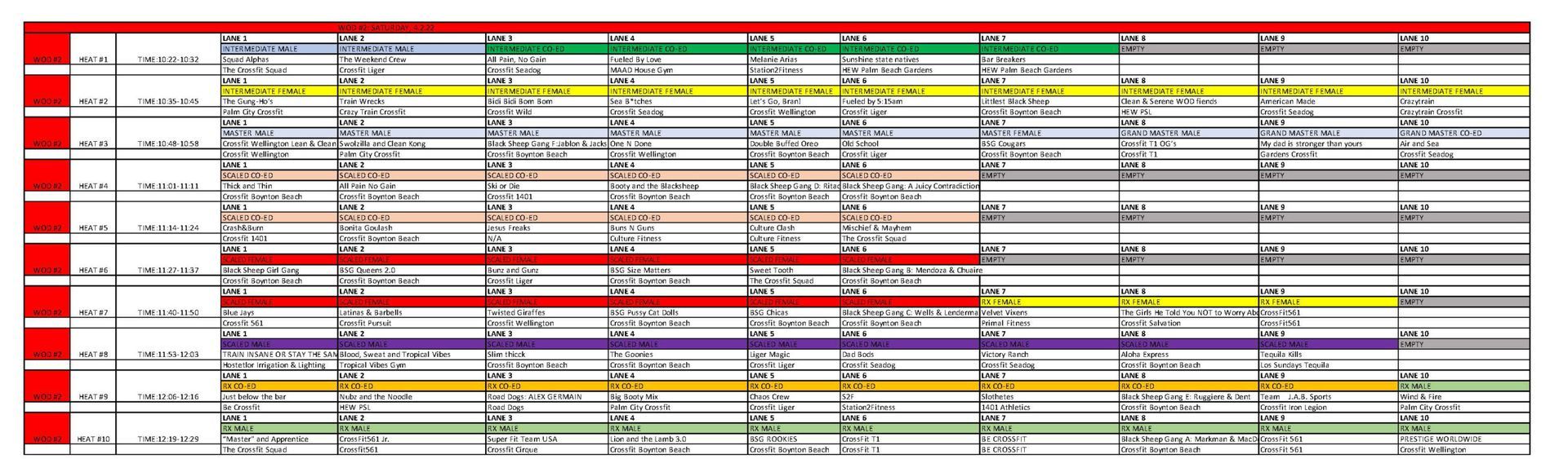 A colorful spreadsheet, likely a schedule, with various headings and entries across rows and columns.