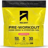 Yellow Ascent Pre-Workout powder bag with black and white text. Raspberry Lemonade flavor. Contains 150mg caffeine.