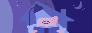 Person reading under a lamp in a cozy house at night, with a crescent moon and stars in the background.