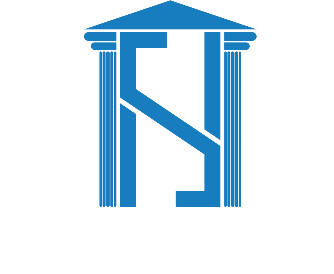 A blue logo featuring a stylized letter "N" formed by two columns supporting a roof, representing a structural or legal firm.