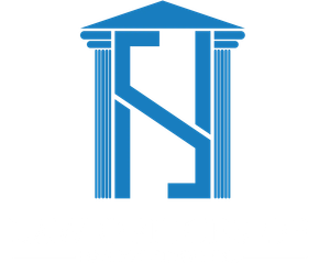 A blue logo featuring a stylized letter "N" formed by two columns supporting a roof, representing a structural or legal firm.