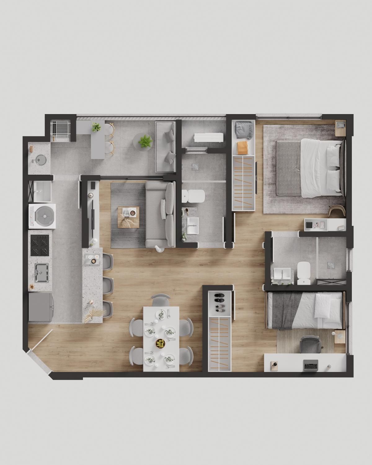 Uma vista aérea da planta baixa de uma casa.