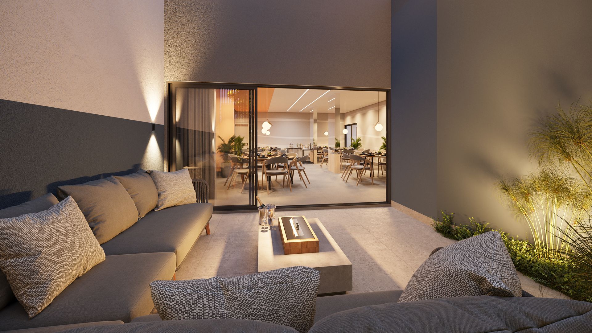 Uma impressão artística de uma sala de estar com um sofá e uma mesa.