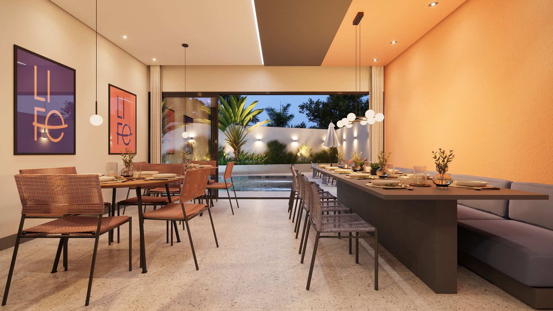 Impressão artística de uma sala de jantar com mesas e cadeiras