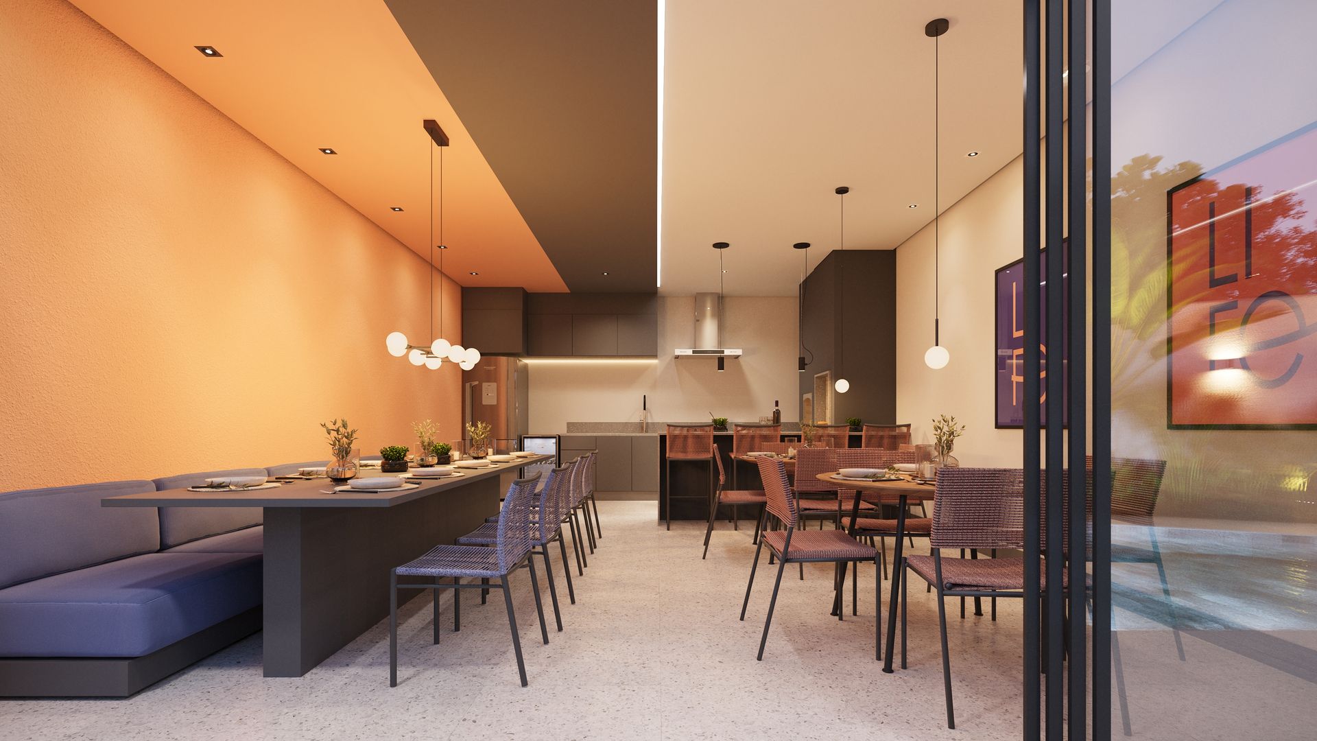 Uma impressão artística de uma sala de jantar com mesas e cadeiras.