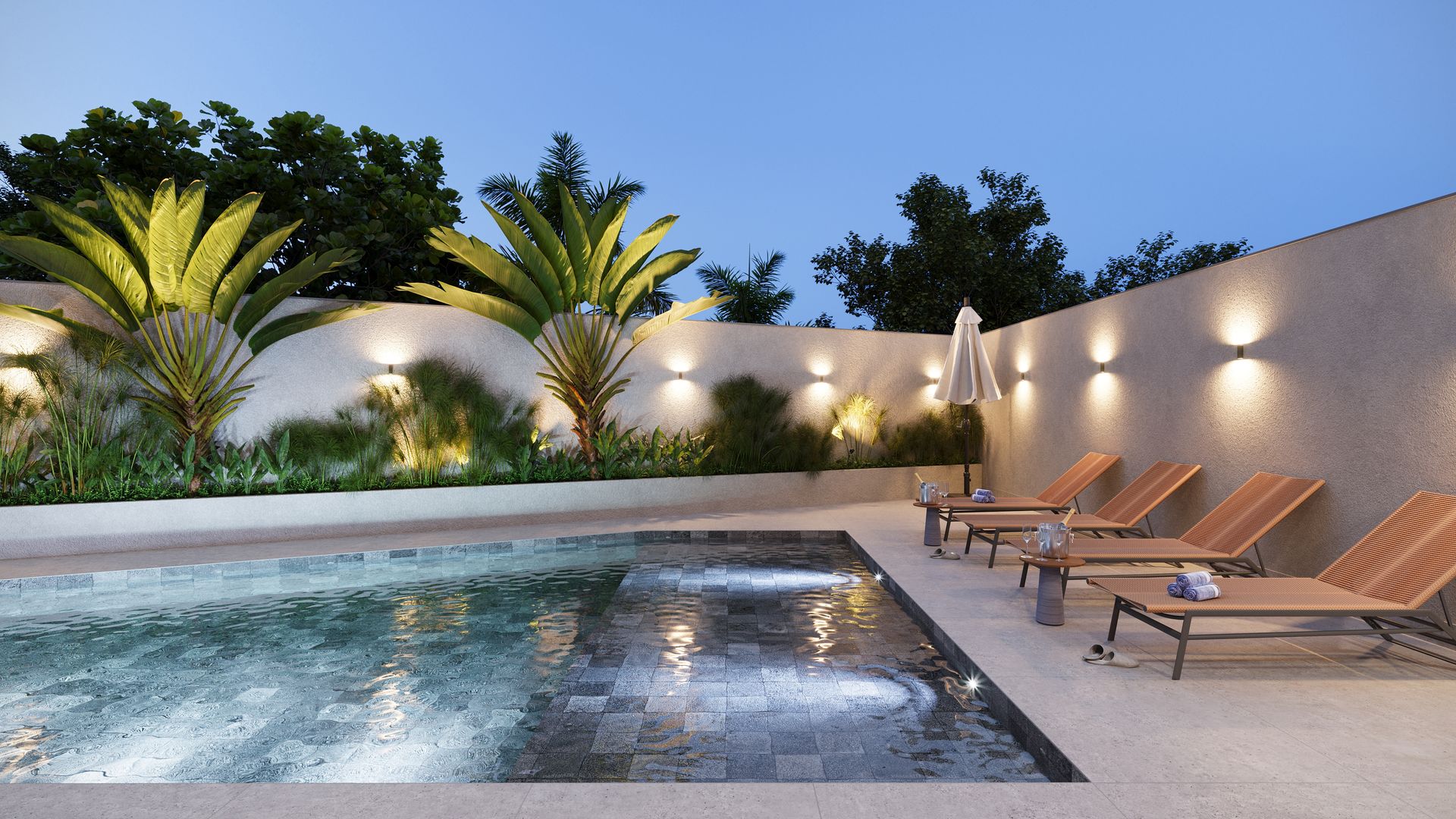 Uma impressão artística de uma piscina com espreguiçadeiras e guarda-sóis.